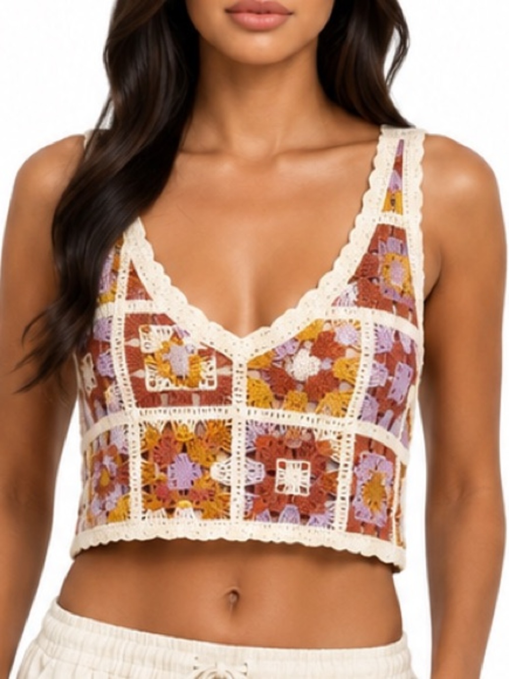 Crochet Floral V-Neck Crop Top in Multicolor